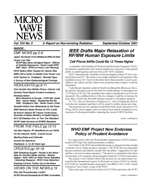 Microwave News September/October 2001 cover