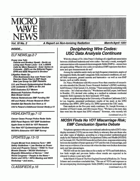 Microwave News March/April 1991 cover