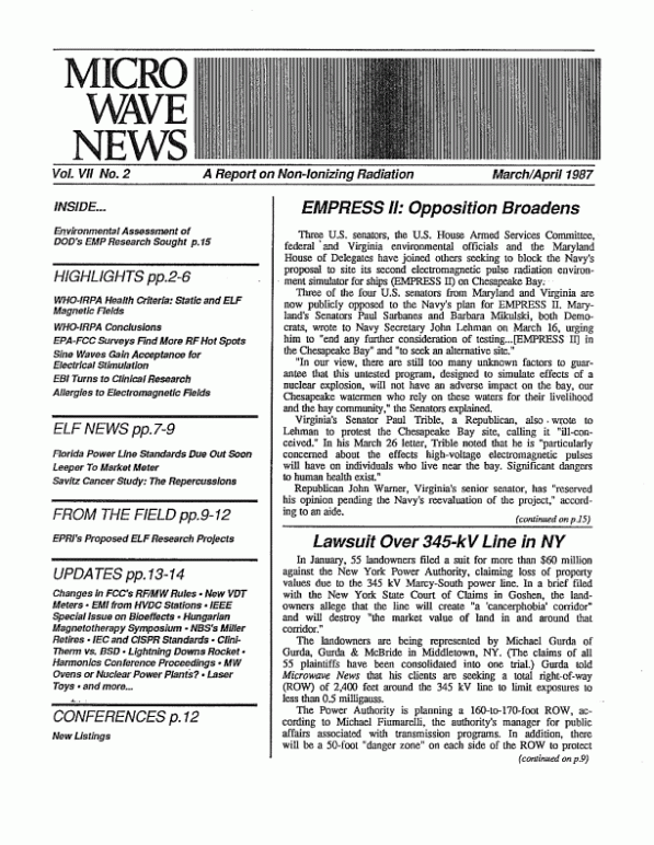 Microwave News March/April 1987 cover