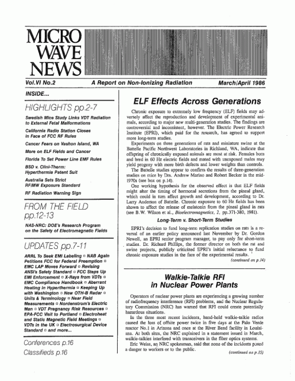 Microwave News March/April 1986 cover