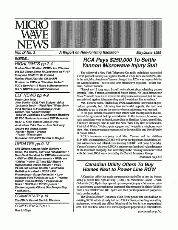 Microwave News May/June 1989 cover