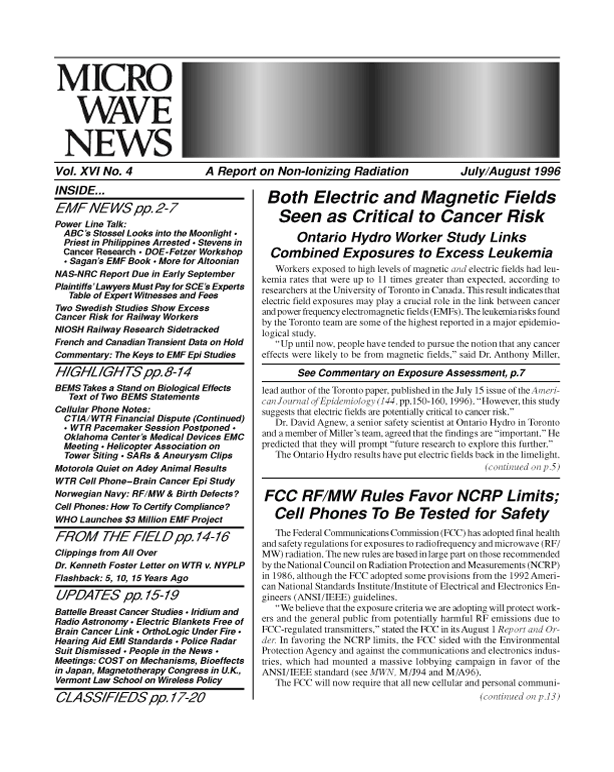 Microwave News July/August 1996 cover