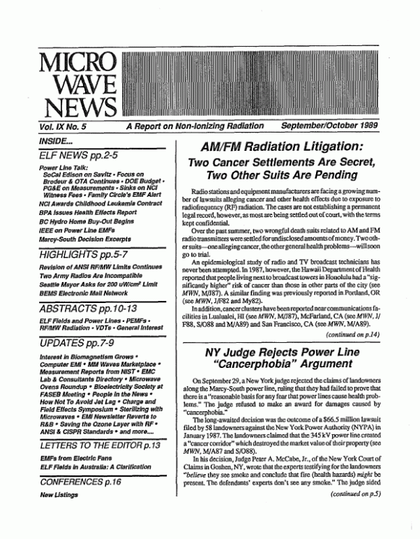 Microwave News September/October 1989 cover