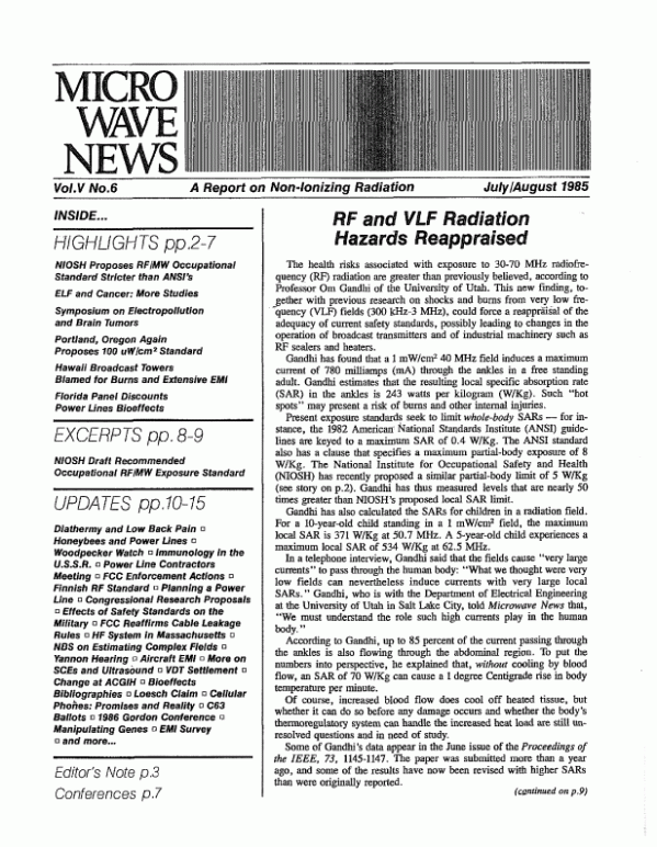 Microwave News July/August 1985 cover