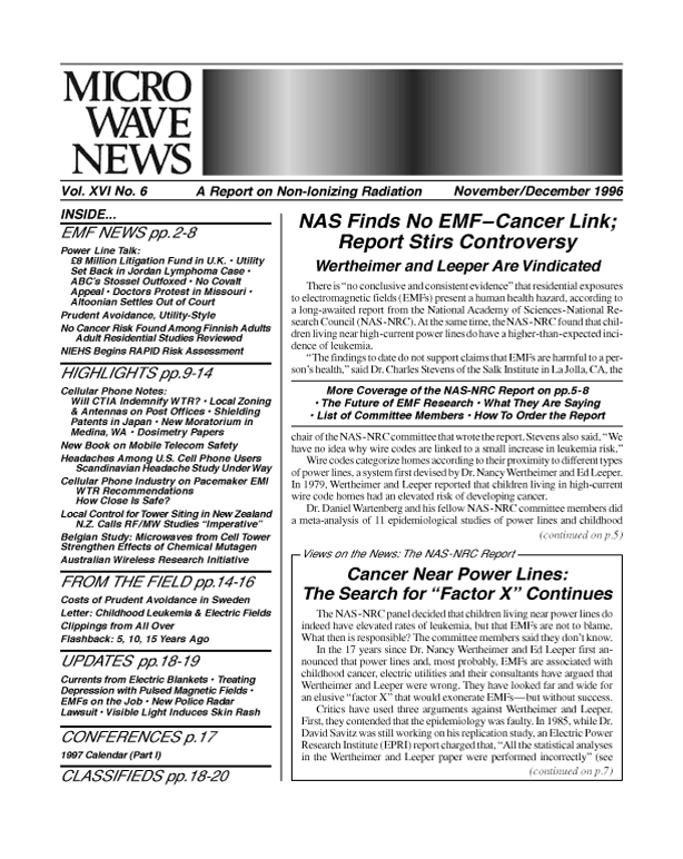 Microwave News November/December 1996 cover
