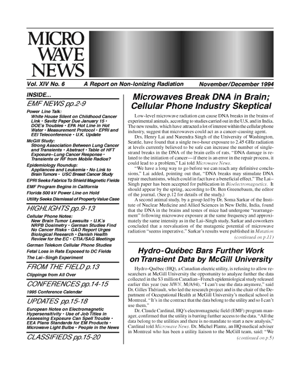 Microwave News November/December 1994 cover