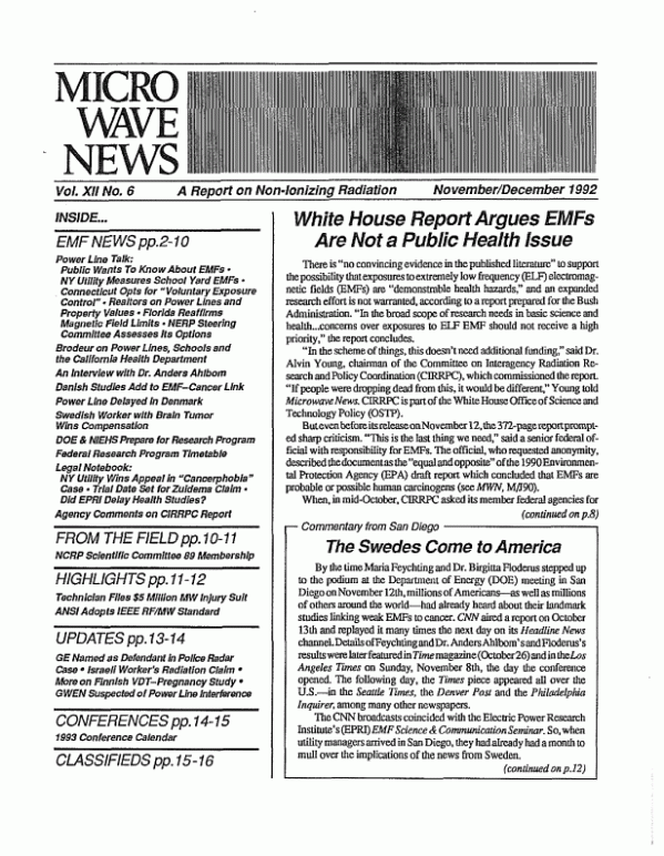 Microwave News November/December 1992 cover