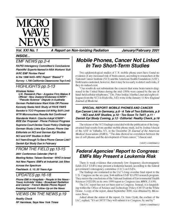 Microwave News January/February 2001 cover