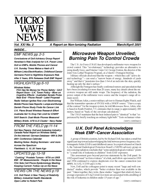 Microwave News March/April 2001 cover