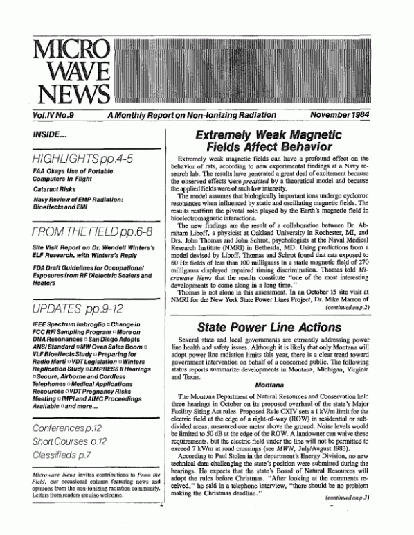 Microwave News November 1984 cover