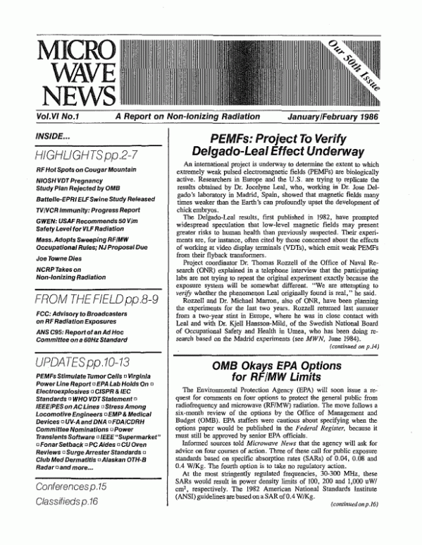 Microwave News January/February 1986 cover