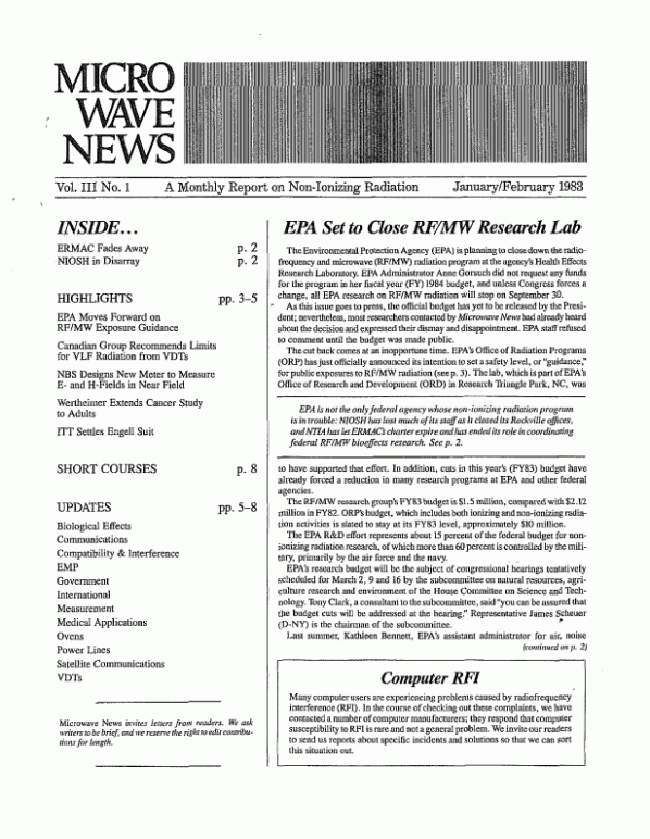 Microwave News January/February 1983 cover