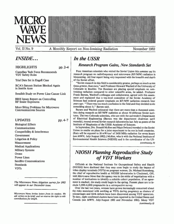 Microwave News November 1982 cover