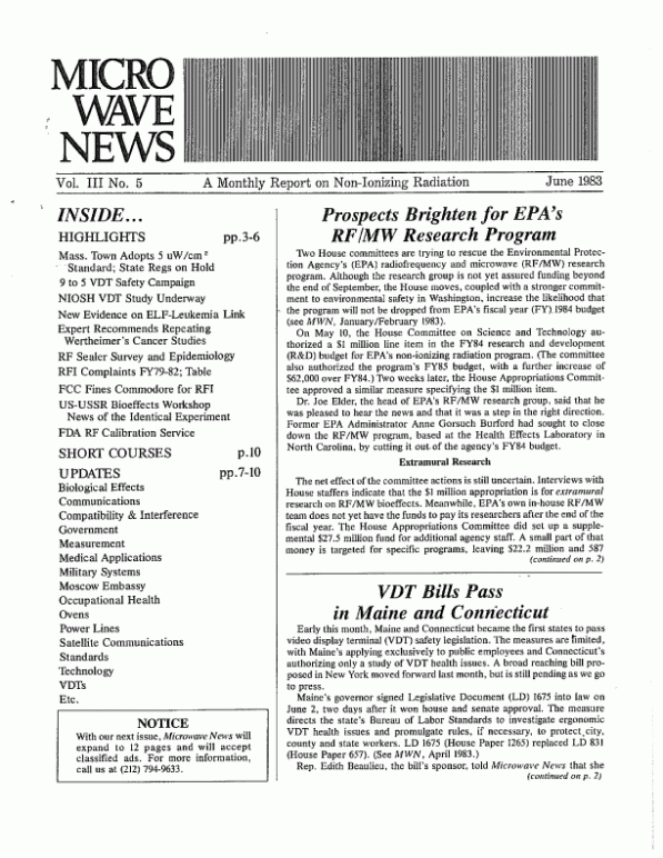 Microwave News June 1983 cover