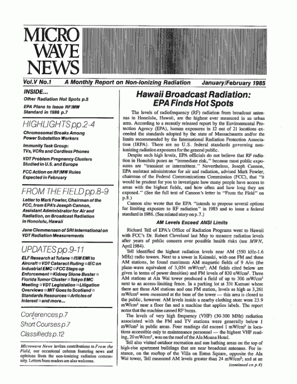 Microwave News January/February 1985 cover