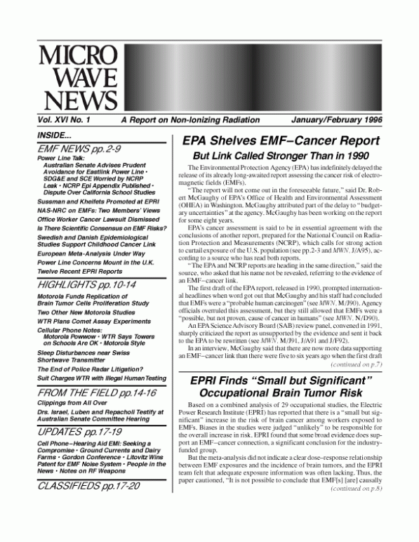 Microwave News January/February 1996 cover