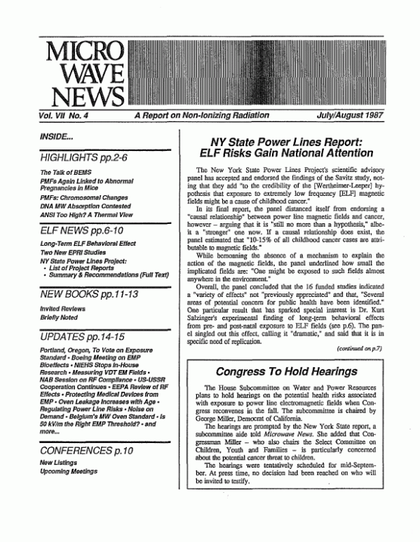 Microwave News July/August 1987 cover