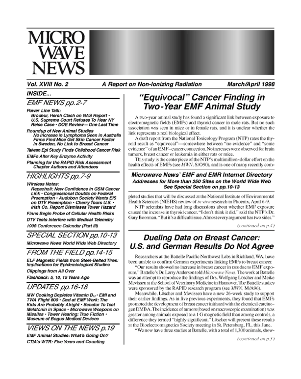 Microwave News March/April 1998 cover