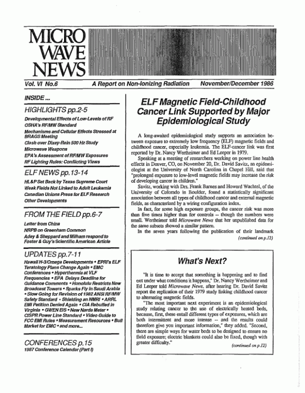 Microwave News November/December 1986 cover