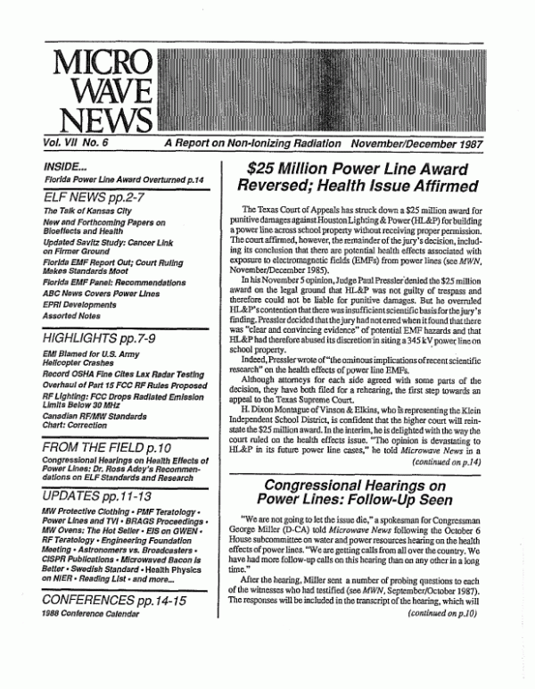 Microwave News November/December 1987 cover