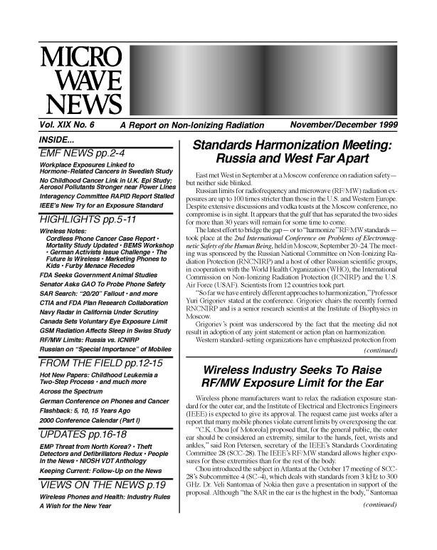 Microwave News November/December 1999 cover
